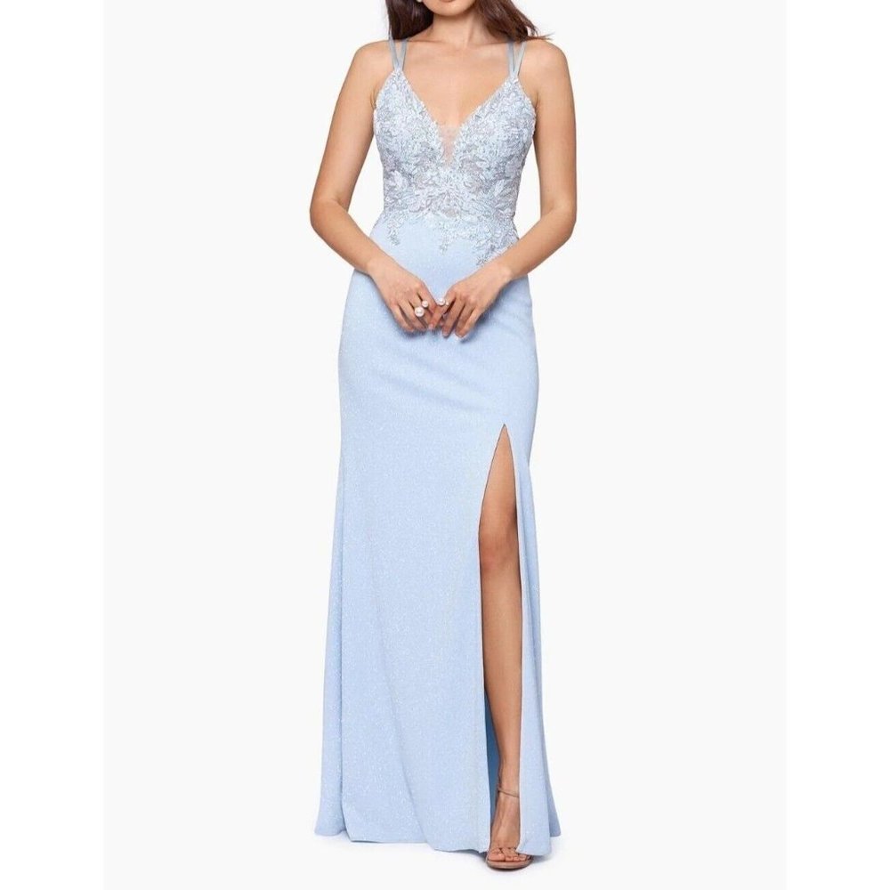 NEW XSCAPE 4366X Long Glitter Embroidered Gown Dress Size 6 Blue.Silver NWT 0074